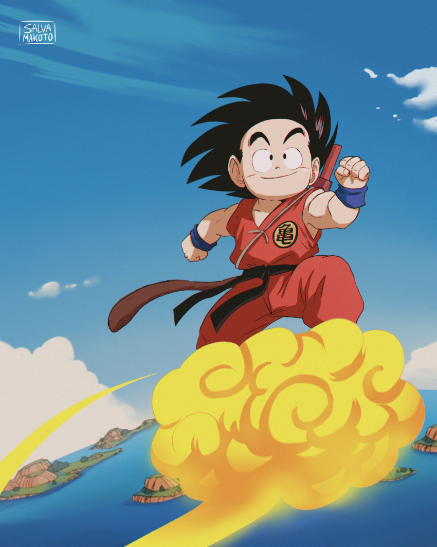 1boy absurdres anime_coloring black_eyes black_hair blue_sky clenched_hands cloud commentary_request dougi dragon_ball dragon_ball_(classic) flying_nimbus full_body highres male_focus monkey_tail nyoibo ocean plateau raised_eyebrows salvamakoto signature sky smile solo son_goku spanish_commentary tail wristband