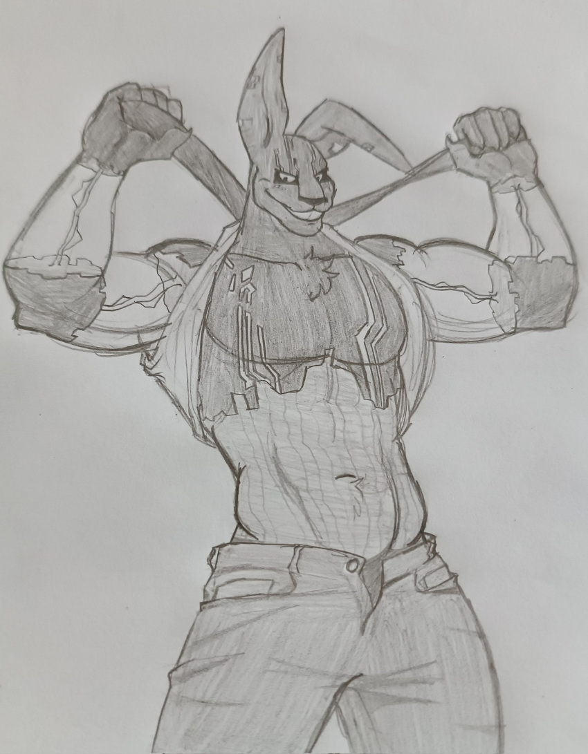 abs anthro biceps bodily_fluids chest_tuft clothed clothing digital_creature five_nights_at_freddy's five_nights_at_freddy's:_security_breach five_nights_at_freddy's:_security_breach_ruin glitch glowing glowing_markings graphite_(artwork) half_naked hi_res lagomorph leporid looking_at_viewer machine male mammal markings muscular muscular_male mxes_(fnaf) necktie pecs pencil_(artwork) presenting rabbit raised_clothing raised_shirt raised_topwear robot saliva saliva_on_tongue scottgames shirt smile smirk solo solo_focus steel_wool_studios topwear traditional_media_(artwork) tuft unzipped zipper