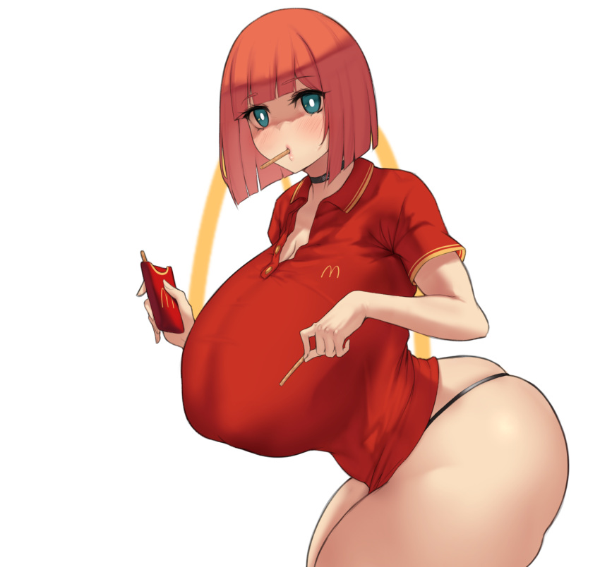 1girl aster_crowley black_panties blue_eyes blunt_bangs blush bob_cut breasts choker collared_shirt food french_fries highres huge_breasts looking_at_viewer mcdonald's mother_(yoru_mac) mouth_hold orange_hair panties red_shirt shirt short_hair short_sleeves solo thick_thighs thighs thong underwear white_background yoru_mac