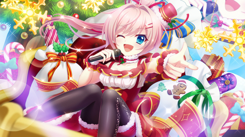 1girl ;d black_pantyhose blue_bow blue_eyes bow breasts candy candy_cane christmas christmas_ornaments christmas_tree cleavage collarbone concert dot_nose dress dutch_angle film_grain finger_gun food game_cg gift gingerbread_man hair_bow hat high_ponytail himura_nagisa holding holding_microphone izumi_tsubasu lens_flare medium_breasts microphone mini_hat neck_garter non-web_source official_art on_chair one_eye_closed open_mouth pantyhose pink_hair pointing pointing_at_viewer re:stage! red_dress red_headwear red_ribbon ribbon sack screen scrunchie sitting smile snowflake_ornament solo sparkle tilted_headwear underbust white_scrunchie wrist_scrunchie