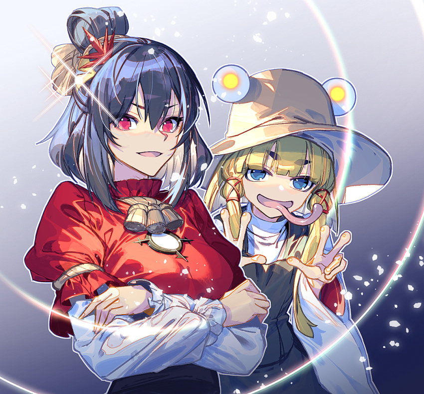 2girls black_skirt black_vest blonde_hair brown_headwear hair_between_eyes hair_ornament hat layered_sleeves leaf_hair_ornament long_sleeves long_tongue looking_at_viewer medium_hair moriya_suwako multiple_girls open_mouth purple_hair red_eyes red_shirt shirt short_hair short_over_long_sleeves short_sleeves skirt smile tongue tongue_out touhou vest wide_sleeves yasaka_kanako yellow_eyes zounose