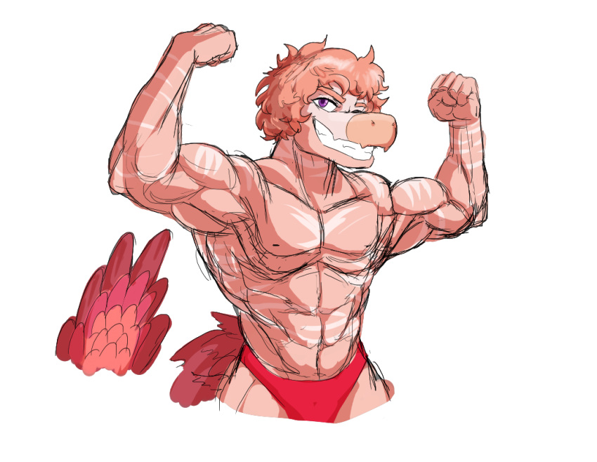 abs alpha_channel anthro clothed clothing dinosaur dromaeosaurid feathered_tail feathers flexing flexing_bicep goodbye_volcano_high grin grinning_at_viewer hair male markings multicolored_body muscular muscular_male pink_body pink_hair purple_eyes reed_(gvh) reptile scalie simple_background smile snoot_game_(fan_game) solo speedo swimwear tail theropod topless transparent_background two_tone_body underwear unknown_artist velociraptor