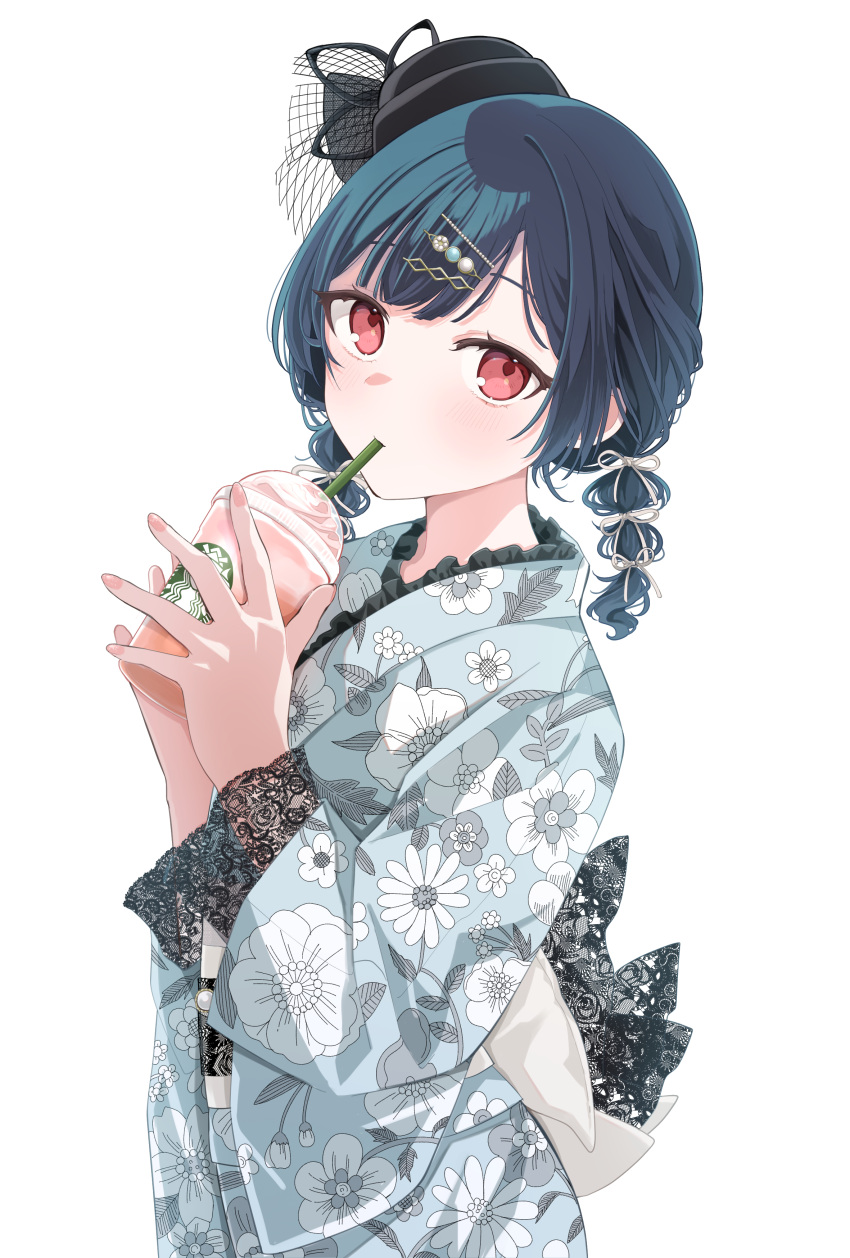19_okeke 1girl absurdres black_headwear blue_hair braid drink floral_print_kimono hair_ornament hairclip highres holding holding_drink idolmaster idolmaster_shiny_colors japanese_clothes looking_at_viewer morino_rinze obi red_eyes sash short_hair short_twintails starbucks swept_bangs tilted_headwear twintails upper_body white_background