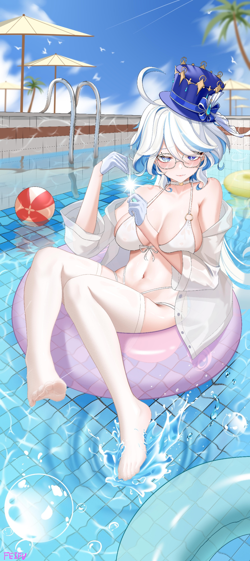1girl absurdres ahoge ball bare_shoulders beachball bespectacled bikini blue_eyes blue_hair blue_headwear blue_sky bubble choker cloud commentary_request day feifu furina_(genshin_impact) genshin_impact glasses gloves hands_up hat highres innertube jewelry looking_at_viewer multicolored_hair navel no_shoes off_shoulder pendant pool shirt sky smile solo stomach streaked_hair swimsuit thighhighs thighs top_hat umbrella water white_bikini white_choker white_gloves white_hair white_shirt white_thighhighs