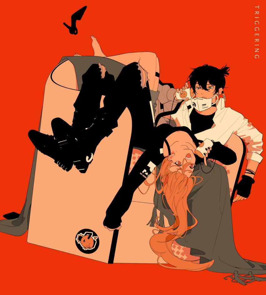 1boy 1girl barefoot black_choker black_gloves black_sweater brown_hair chainsaw chainsaw_man chair choker cross-shaped_pupils fingerless_gloves gloves halftone hayakawa_aki highres horns jacket long_hair looking_to_the_side lying mask mask_removed mouth_mask null024 on_back open_mouth orange_background orange_eyes pants pochita_(chainsaw_man) power_(chainsaw_man) red_horns shoes shoes_removed short_hair simple_background string_phone sweater symbol-shaped_pupils teeth topknot torn_clothes torn_pants upper_teeth_only white_jacket white_mask