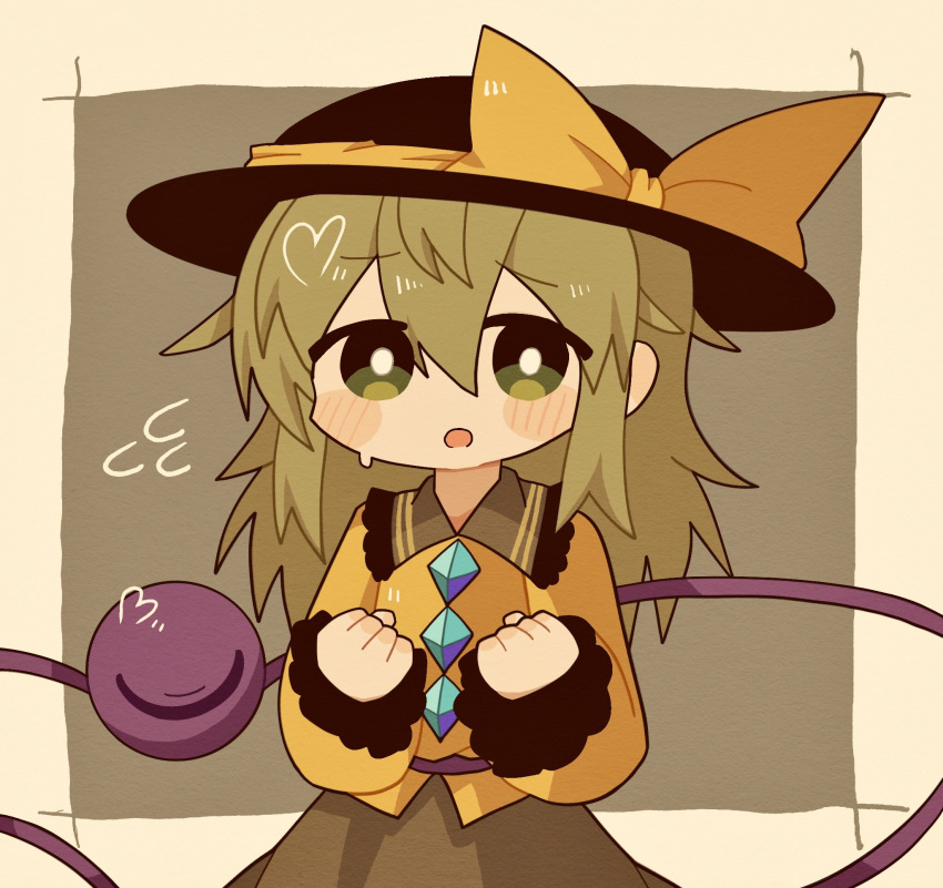 1girl black_headwear blush bow buttons chibi diamond_button frilled_sweater green_eyes green_skirt grey_background heart highres komeiji_koishi light_green_hair long_hair looking_at_viewer outline skirt sweatdrop sweater third_eye touhou upper_body yellow_bow yellow_sweater zunusama