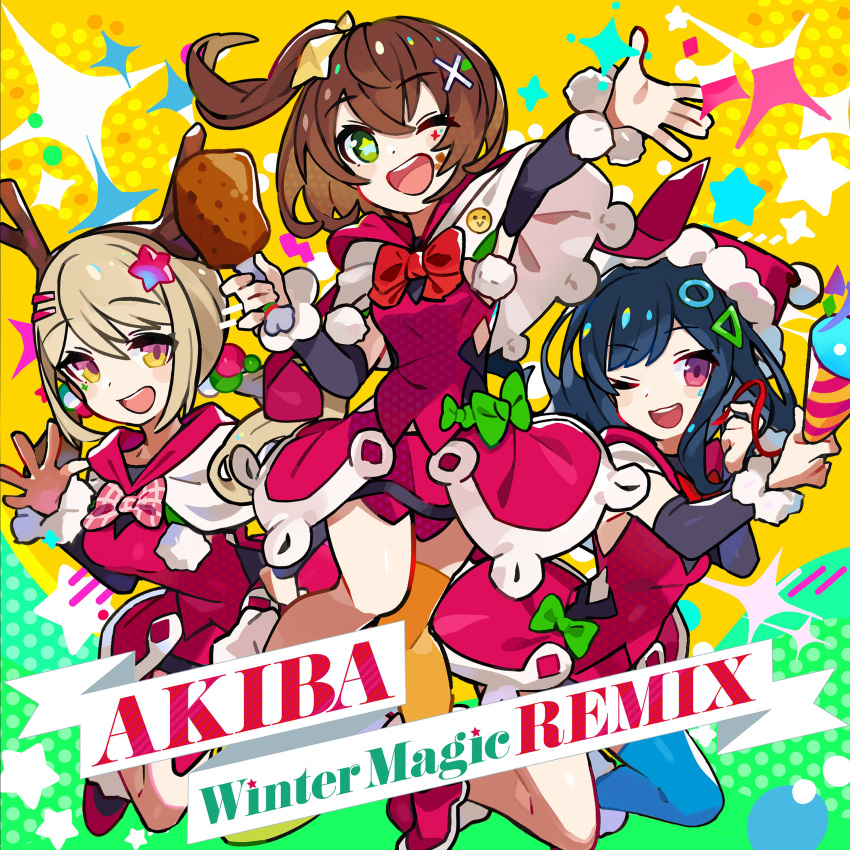 3girls :d ;d absurdres album_cover antlers arm_up black_sleeves blonde_hair blue_hair bow breasts brown_hair capelet chicken_leg cover denonbu detached_sleeves fake_antlers food green_bow green_eyes hair_ornament hat hidaka_reina_(denonbu) highres holding holding_food kayano_futaba kurumitsu long_hair looking_at_viewer low_twintails medium_breasts multiple_girls official_alternate_costume official_art one_eye_closed open_mouth red_bow red_capelet red_shirt red_skirt reindeer_antlers santa_hat second-party_source shinonome_kazune shirt short_hair skirt smile sparkle star_(symbol) star_hair_ornament twintails