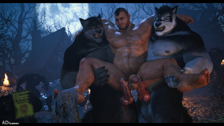 abs ad-games animal_genitalia animal_penis anthro balls big_dom_small_sub big_muscles black_body black_fur black_hair canid canine canine_genitalia canine_penis canis carrying carrying_another carrying_partner dominant dominant_anthro dominant_male erection fangs full_moon fur genitals group group_sex hair halloween hi_res holding_partner holidays human human_on_anthro imminent_anal interspecies larger_anthro larger_male male male/male mammal moon multicolored_body multicolored_fur muscular muscular_anthro muscular_human muscular_male navel night nipples nude pecs penis pubes sex sharp_teeth size_difference smaller_human smaller_male stand_and_carry_position standing standing_sex stubble submissive submissive_human submissive_male teeth threesome voyeur were werecanid werecanine werewolf white_body white_fur wolf