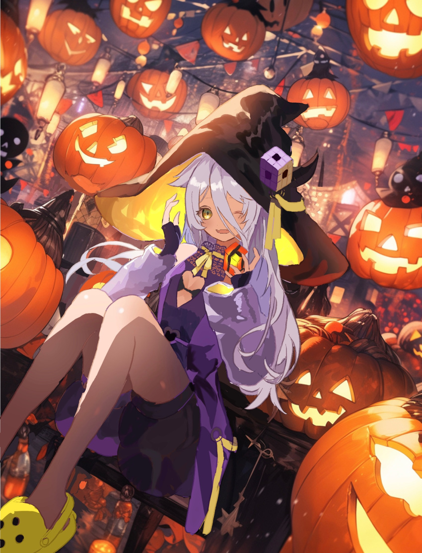 1girl bare_shoulders black_bra bra breasts cleavage_cutout clothing_cutout crocs cube detached_sleeves dress fang fingerless_gloves gloves grey_hair hair_between_eyes hat hat_ribbon heart_cutout henya_the_genius highres jack-o'-lantern lace lantern large_hat long_bangs long_hair long_sleeves looking_at_viewer mochimochi_589 one_eye_closed open_mouth puffy_shorts pumpkin purple_dress ribbon shorts sitting skin_fang small_breasts smile solo underwear virtual_youtuber vshojo witch_hat yellow_eyes yellow_footwear yellow_ribbon