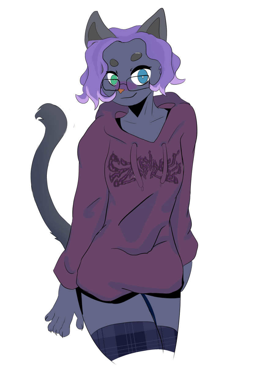 absurd_res animal_humanoid anthro black_body black_fur clothing dichromatic_eyes eyewear felid felid_humanoid feline feline_humanoid fur girly glasses hair hi_res hoodie humanoid legwear looking_at_viewer male mammal mammal_humanoid purple_hair short_hair solo tail thick_thighs thigh_highs topwear