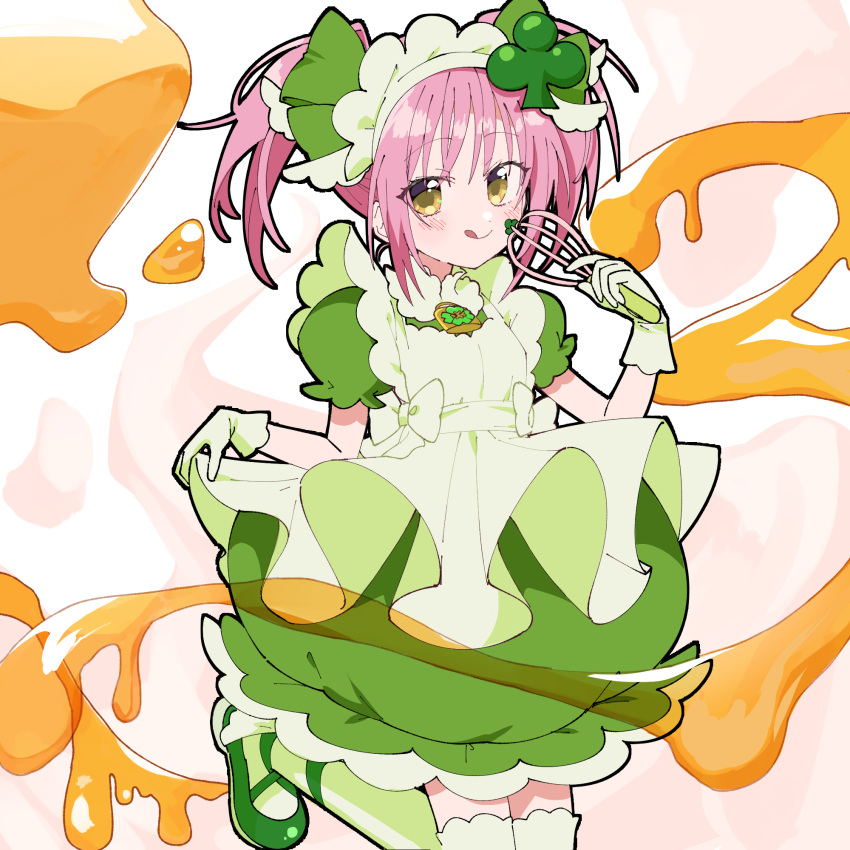 1girl amulet_clover apron caramel closed_mouth clover_hair_ornament dress gloves green_apron green_dress green_footwear green_ribbon hair_ornament hair_ribbon highres hinamori_amu holding holding_whisk pink_hair ribbon sakuragi_mochi shugo_chara! smile solo thighhighs tongue tongue_out twintails whisk white_background white_gloves white_ribbon white_thighhighs yellow_eyes