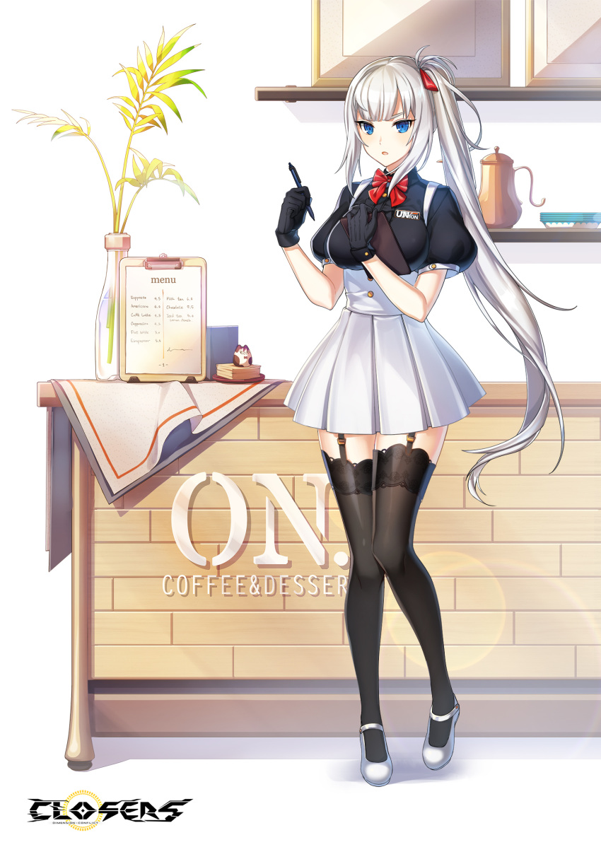 1girl :o alternate_hair_color badge black_gloves black_shirt black_thighhighs blue_eyes bow bowtie breasts center_frills clipboard closers coffee_pot collared_shirt copyright_name counter frills full_body garter_straps gloves hair_bow hands_up heel_up high-waist_skirt highres holding holding_clipboard holding_pen knees_together_feet_apart lace-trimmed_thighhighs large_breasts leaf lens_flare lens_flare_abuse logo long_hair looking_at_viewer mary_janes menu miniskirt official_art pen picture_frame plate plate_stack pleated_skirt ponytail puffy_short_sleeves puffy_sleeves red_bow red_bowtie shelf shirt shoes short_sleeves sidelocks skirt solo standing suspender_skirt suspenders thighhighs underbust v-shaped_eyebrows vase very_long_hair violet_(closers) waitress white_background white_footwear white_hair white_skirt zettai_ryouiki