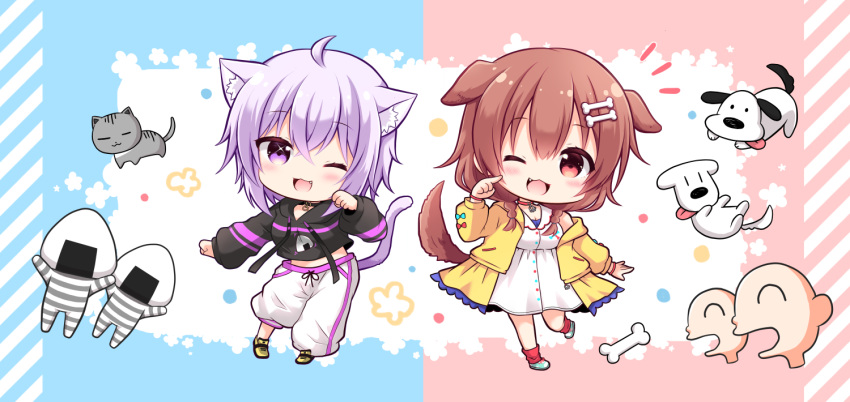 2girls ;d ahoge animal_collar animal_ears asymmetrical_pants baggy_pants black_collar black_hoodie blush bone_hair_ornament braid cat_ears cat_girl cat_tail chestnut_mouth chibi collar comiket_101 cropped_hoodie crossed_bangs dog_ears dog_girl dog_tail double-parted_bangs drawstring dress extra_ears fang finger_to_cheek futo-inu hair_between_eyes hair_ornament hairclip hololive hood hoodie hoso-inu inugami_korone inugami_korone_(1st_costume) jacket kashiwadokoro listener_(inugami_korone) long_sleeves looking_at_viewer loose_socks low_twin_braids low_twintails messy_hair multiple_girls nekomata_okayu nekomata_okayu_(1st_costume) off_shoulder one_eye_closed onigiri_print onigirya_(nekomata_okayu) open_clothes open_jacket pants paw_pose pointing pointing_at_self purple_eyes purple_hair red_socks shoes short_dress short_hair sleeveless sleeveless_dress smile sneakers socks sweatpants tail temari_(nekomata_okayu) twin_braids twintails virtual_youtuber white_dress white_pants yellow_footwear yellow_jacket