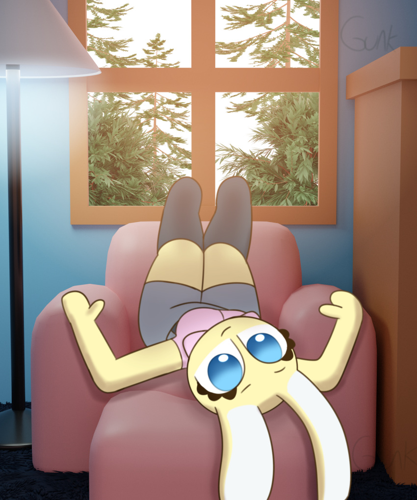 2d_(artwork) 3d_(artwork) 3d_background absurd_res amy_hope_(guak) anthro blue_eyes bottomwear breasts carpet chair clothing digital_media_(artwork) eyelashes female footwear fur furniture guak hi_res humanoid knee_highs knee_socks lagomorph lamp legs_up legwear leporid long_ears looking_at_viewer lying mammal on_back pink_clothing pink_shirt pink_topwear plant rabbit shirt shorts socks sofa solo topwear tree white_body white_fur window yellow_body yellow_fur