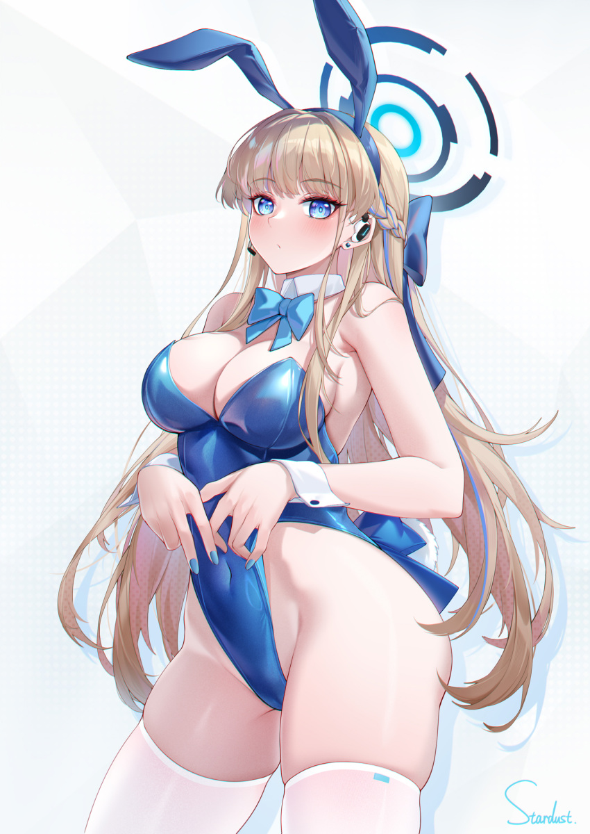 1girl animal_ears aqua_bow aqua_bowtie blonde_hair blue_archive blue_bow blue_eyes blue_hairband blue_leotard blue_nails bow bowtie braid breasts covered_navel cowboy_shot detached_collar earpiece fake_animal_ears fake_tail french_braid hair_bow hairband halo highleg highleg_leotard highres large_breasts leotard long_hair looking_at_viewer nail_polish official_alternate_costume playboy_bunny rabbit_ears rabbit_tail skindentation solo standing stardust_(chen'ai_weiding) strapless strapless_leotard tail thighhighs toki_(blue_archive) toki_(bunny)_(blue_archive) very_long_hair white_thighhighs white_wrist_cuffs