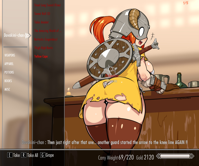 1girl :d absurdres ass bar_(place) beer_mug bikini boots bottle breasts brown_footwear brown_gloves candle cape cup dovahkiin dovakini-chan fake_horns gameplay_mechanics gauntlets gloves helmet highres horned_helmet horns indoors large_breasts long_hair mug nisetanaka open_mouth orange_hair ponytail sheath sheathed shield smile solo string_bikini swimsuit sword the_elder_scrolls the_elder_scrolls_v:_skyrim thigh_boots torn_cape torn_clothes weapon white_bikini wine_bottle yellow_cape