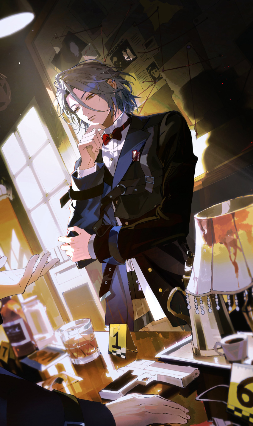 1boy absurdres alcohol bartender belt black_belt black_jacket blue_hair bow bowtie brown_pants closed_mouth ensemble_stars! expressionless formal glass highres himeru_(ensemble_stars!) intoblue09 jacket lamp light_blue_hair male_focus newspaper pants red_bow red_bowtie shirt short_hair solo white_shirt window yellow_eyes