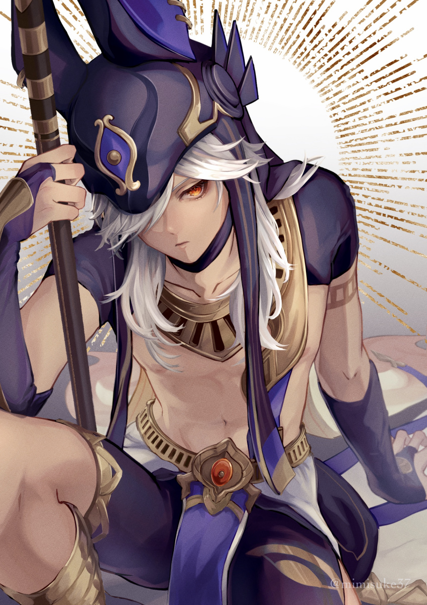 1boy absurdres animal_hat arm_support belt commentary_request cowboy_shot cyno_(genshin_impact) dark-skinned_male dark_skin egyptian_clothes genshin_impact gold_trim gradient_background grey_background hair_over_one_eye hat highres jewelry knee_up long_hair looking_to_the_side male_focus mimisuke37 necklace parted_lips purple_headwear purple_shorts red_eyes shorts solo white_hair