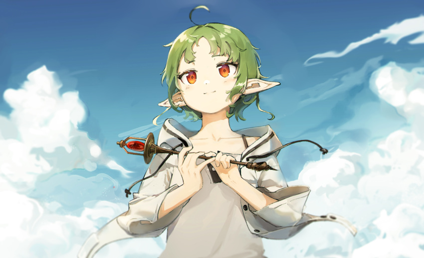 1girl absurdres ahoge blue_sky closed_mouth cloud day elf green_hair highres holding holding_wand hood hooded_jacket jacket mushoku_tensei outdoors pointy_ears red_eyes shirt short_hair sky smile solo sylphiette_(mushoku_tensei) wand white_jacket white_shirt yuyin_(uzrv7533)