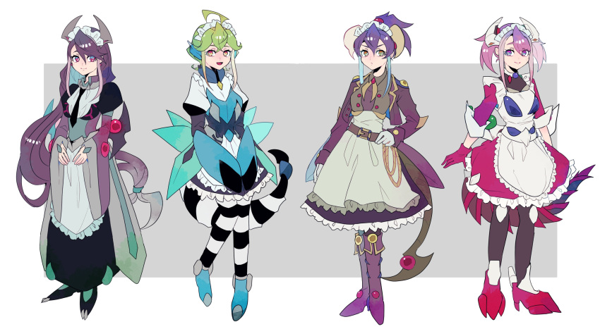 4girls absurdres ahoge apron belt black_necktie blue_eyes boots bracelet_girls colored_eyelashes cosplay crystal_wing_synchro_dragon crystal_wing_synchro_dragon_(cosplay) dark_rebellion_xyz_dragon dark_rebellion_xyz_dragon_(cosplay) dragon_horns dragon_tail dress frilled_apron frills full_body gloves gradient_hair green_eyes green_hair highres hiiragi_yuzu horns kurosaki_ruri long_hair long_sleeves maid_apron maid_headdress multicolored_hair multiple_girls necktie odd-eyes_pendulum_dragon odd-eyes_pendulum_dragon_(cosplay) orange_eyes own_hands_together pantyhose pink_hair pout purple_eyes purple_hair rin_(yu-gi-oh!) serena_(yu-gi-oh!) short_sleeves smile starving_venom_fusion_dragon starving_venom_fusion_dragon_(cosplay) striped striped_pantyhose tail tasutekete two-tone_hair wide_sleeves yellow_eyes yu-gi-oh! yu-gi-oh!_arc-v