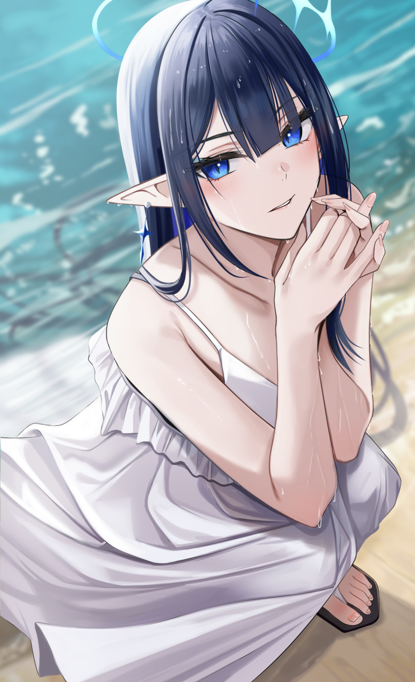 1girl alternate_costume bare_arms beach black_hair blue_archive blue_eyes blurry blurry_background collarbone dress earrings feet frilled_dress frills from_above halo highres jewelry looking_at_viewer nail_polish nicky_w ocean outdoors pointy_ears rin_(blue_archive) sand sandals sleeveless sleeveless_dress slit_pupils solo squatting straight_hair sundress toenail_polish toenails toes water wet white_dress