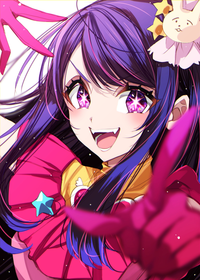 1girl dress fangs gloves hair_ornament highres hoshino_ai_(oshi_no_ko) idol looking_at_viewer misteor open_mouth oshi_no_ko pink_dress pink_gloves pointing pointing_at_viewer purple_hair rabbit_hair_ornament solo star-shaped_pupils star_(symbol) star_in_eye symbol-shaped_pupils symbol_in_eye teeth white_background