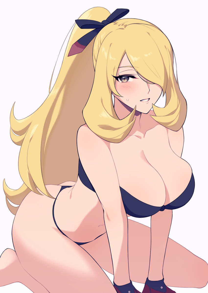 1girl barefoot bikini blonde_hair blue_bikini blue_gloves blue_ribbon blush breasts cleavage commentary_request cynthia_(pokemon) gloves grey_eyes hair_over_one_eye hair_ribbon hands_on_floor highres large_breasts long_hair looking_at_viewer maki_(letusgomaki) one_eye_covered parted_lips pokemon pokemon_(game) pokemon_dppt ponytail ribbon simple_background smile solo strapless strapless_bikini string_bikini sweatdrop swimsuit teeth thighs thong_bikini very_long_hair wavy_hair white_background