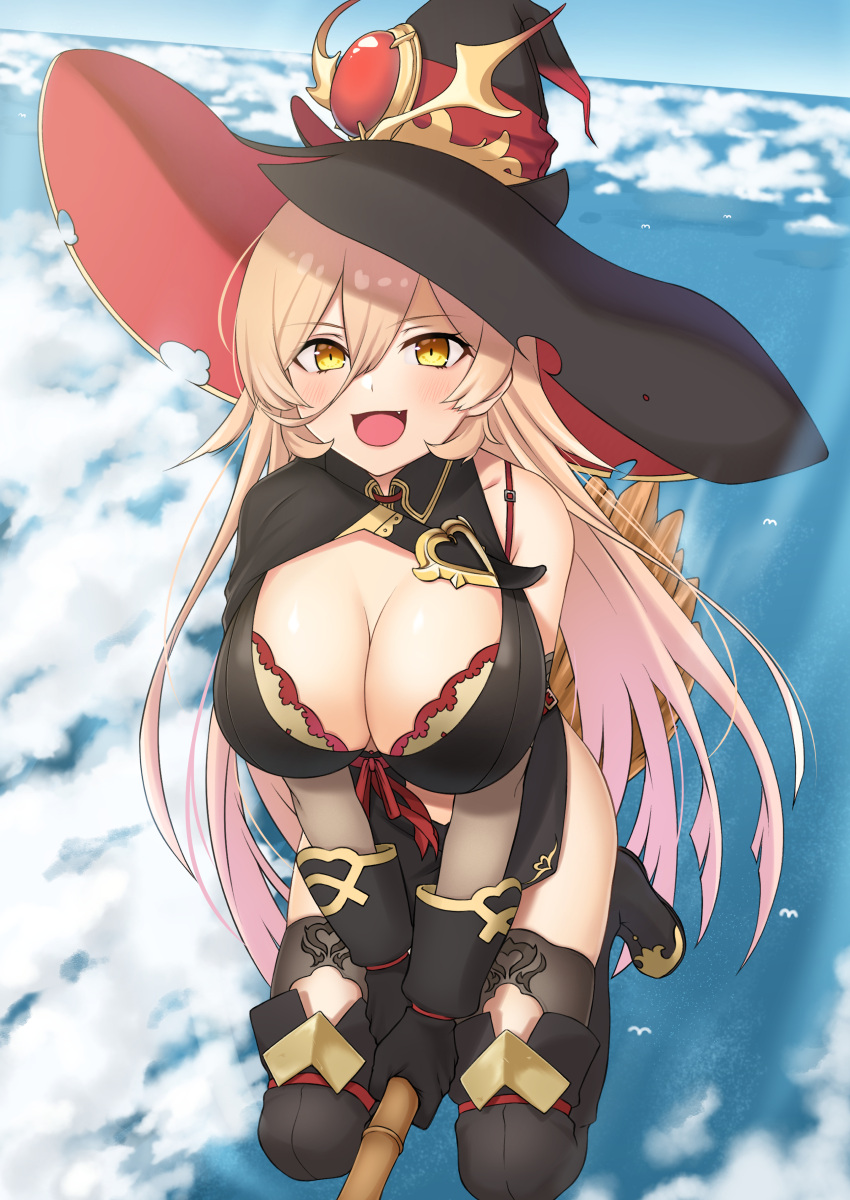 1girl absurdres bird black_gloves blonde_hair blush bra bra_peek breasts broom broom_riding cleavage clothing_cutout cloud fang flying gloves gradient_hair hair_between_eyes hat highres large_breasts long_hair looking_at_viewer multicolored_hair navel_cutout nijisanji nui_sociere ocean open_mouth pink_hair red_bra skin_fang sky smile solo stock-world thighhighs torn_clothes torn_hat underwear very_long_hair virtual_youtuber witch witch_hat yellow_eyes