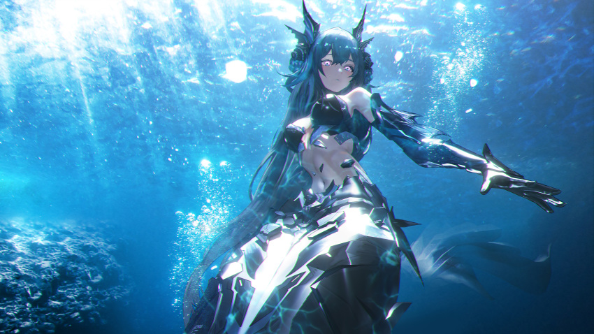 absurdres air_bubble blue_hair breasts bubble closed_mouth expressionless fins grey_eyes head_fins highres lamia_(punishing:_gray_raven) large_breasts long_hair looking_at_viewer mechanical_arms mechanical_tail mermaid monster_girl navel punishing:_gray_raven seymour shell_hair_ornament submerged tail water