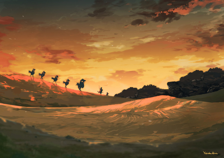 artist_name chocobo cloud commentary final_fantasy final_fantasy_xiv highres hill in-universe_location landscape mixed-language_commentary orange_sky outdoors scenery signature silhouette sky sunset very_wide_shot yabuka_shiwa