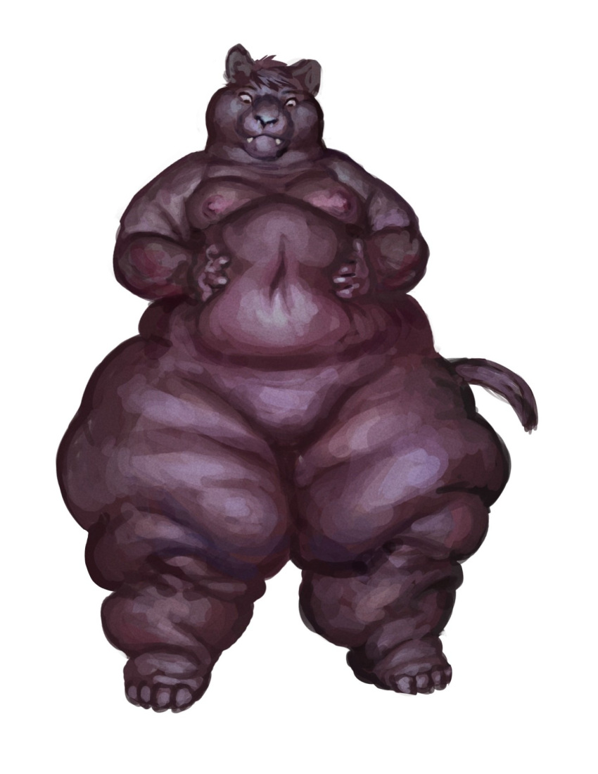 2023 anthro belly belly_squish black_body black_fur black_hair breasts cettus chubby_cheeks fat_rolls featureless_crotch felid female front_view fur hair hands_on_belly hi_res looking_at_belly mammal nipples nude obese obese_anthro obese_female overweight overweight_anthro overweight_female pantherine serafina_(cettus) simple_background solo squish standing thick_thighs white_background