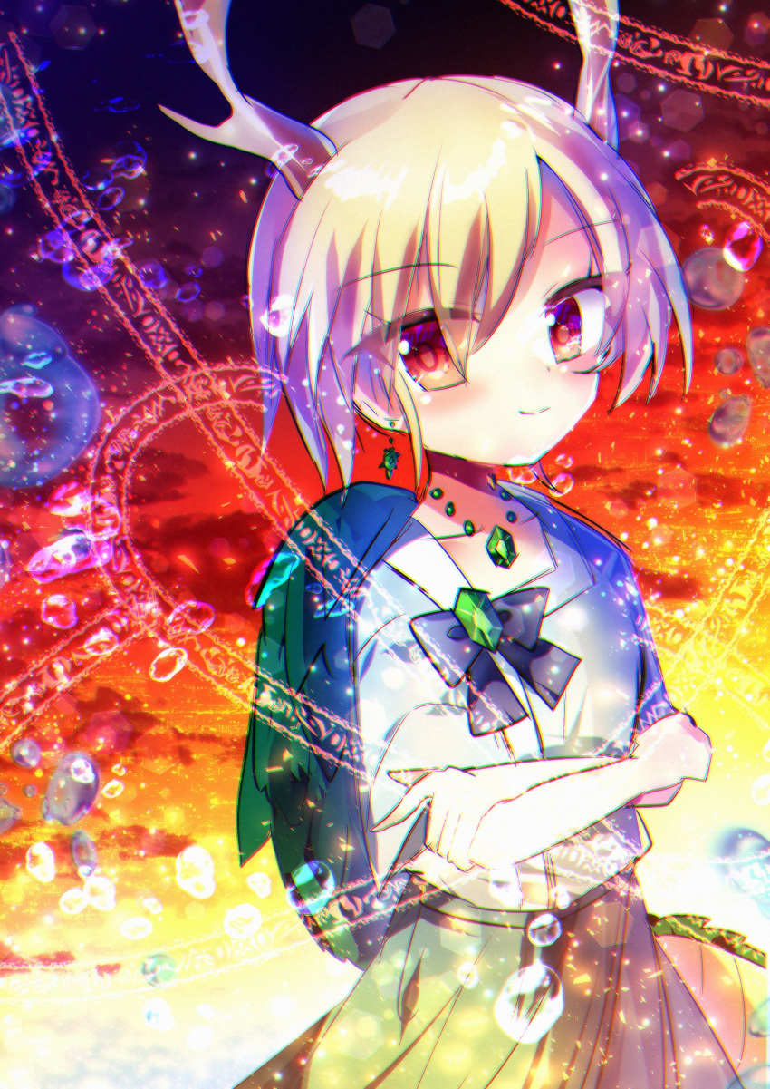 1girl antlers blonde_hair blue_shirt chisen_maimai dragon_girl dragon_horns dragon_tail highres horns kicchou_yachie red_eyes shirt short_hair square_neckline tail touhou turtle_shell yellow_horns