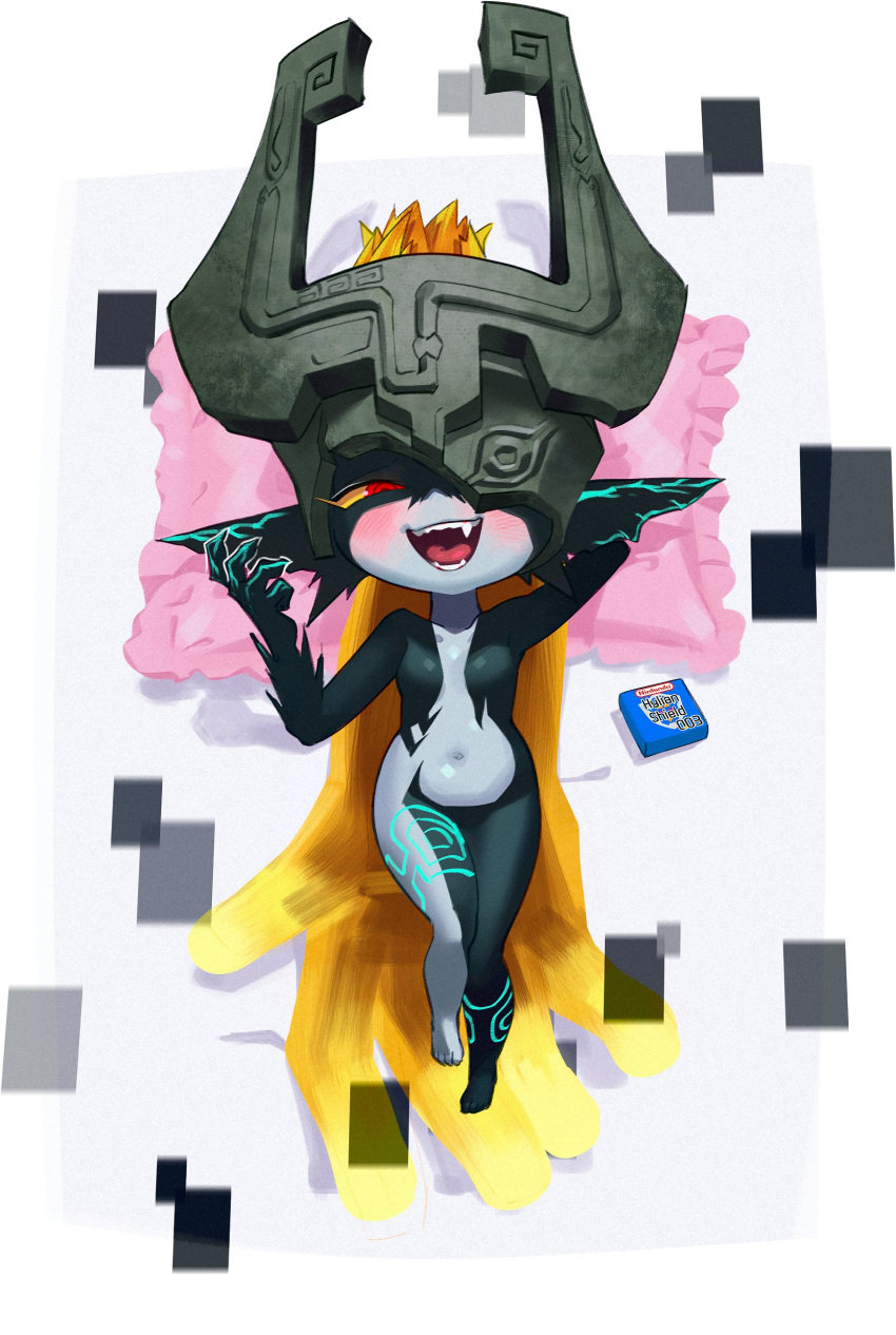 1girl absurdres arm_behind_head blush breasts chi-iz colored_sclera colored_skin commentary condom_box fang full_body grey_skin helmet highres lying midna multicolored_skin on_back one_eye_covered open_mouth orange_hair pillow pointy_ears red_eyes shortstack small_breasts smile solo the_legend_of_zelda the_legend_of_zelda:_twilight_princess two-tone_skin yellow_sclera