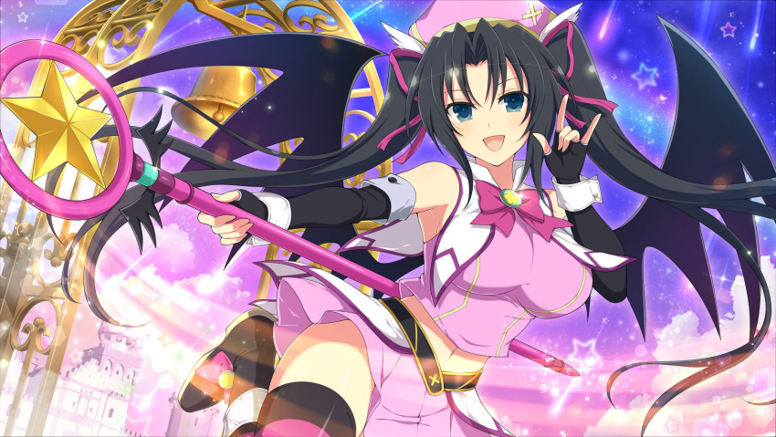 1girl bat_wings battlement black_footwear black_gloves black_hair blue_eyes blush breasts castle demon_wings elbow_gloves fingerless_gloves gloves hat high_school_dxd highres holding holding_staff large_breasts long_hair looking_at_viewer magical_girl midriff_peek official_art open_mouth outdoors pink_ribbon ribbon senran_kagura senran_kagura_new_link serafall_leviathan sky solo staff star_(sky) star_(symbol) starry_sky striped striped_thighhighs thighhighs twintails wing_hair_ornament wings wrist_cuffs yaegashi_nan