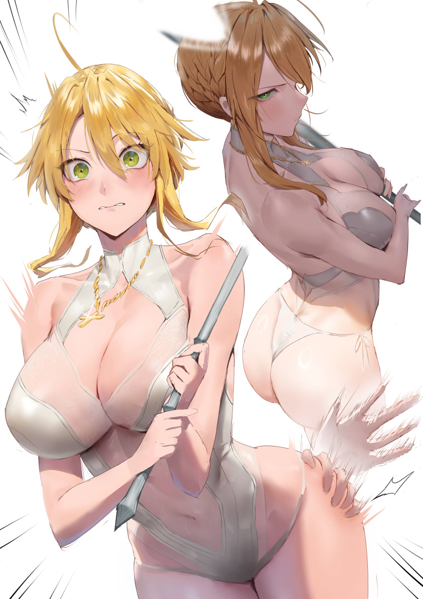 1girl absurdres afterimage ahoge artoria_pendragon_(fate) artoria_pendragon_(lancer)_(fate) ass biting blonde_hair braid breasts character_request cleavage collarbone cross cross_necklace dimples_of_venus disembodied_limb fate/grand_order fate_(series) green_eyes highres holding jewelry large_breasts lip_biting motion_blur multiple_views navel necklace one-piece_swimsuit rororo see-through_swimsuit side-tie_swimsuit sidelocks simple_background spanked surprised swimsuit white_background white_one-piece_swimsuit wide-eyed