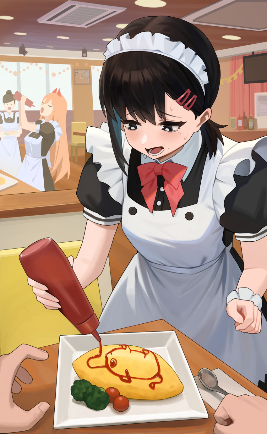 1other 3girls absurdres apron black_dress black_eyes black_hair blonde_hair bow bowtie broccoli chainsaw_man dress egg egg_(food) fatzhai food frilled_apron frilled_sleeves frills hair_ornament hairclip higashiyama_kobeni highres horns ketchup long_sleeves maid maid_headdress medium_hair multiple_girls omelet omurice out_of_frame pochita_(chainsaw_man) pov pov_hands power_(chainsaw_man) puffy_short_sleeves puffy_sleeves red_bow red_bowtie red_horns restaurant short_sleeves single_sidelock solo_focus spoon sweat sweatdrop table television white_apron window