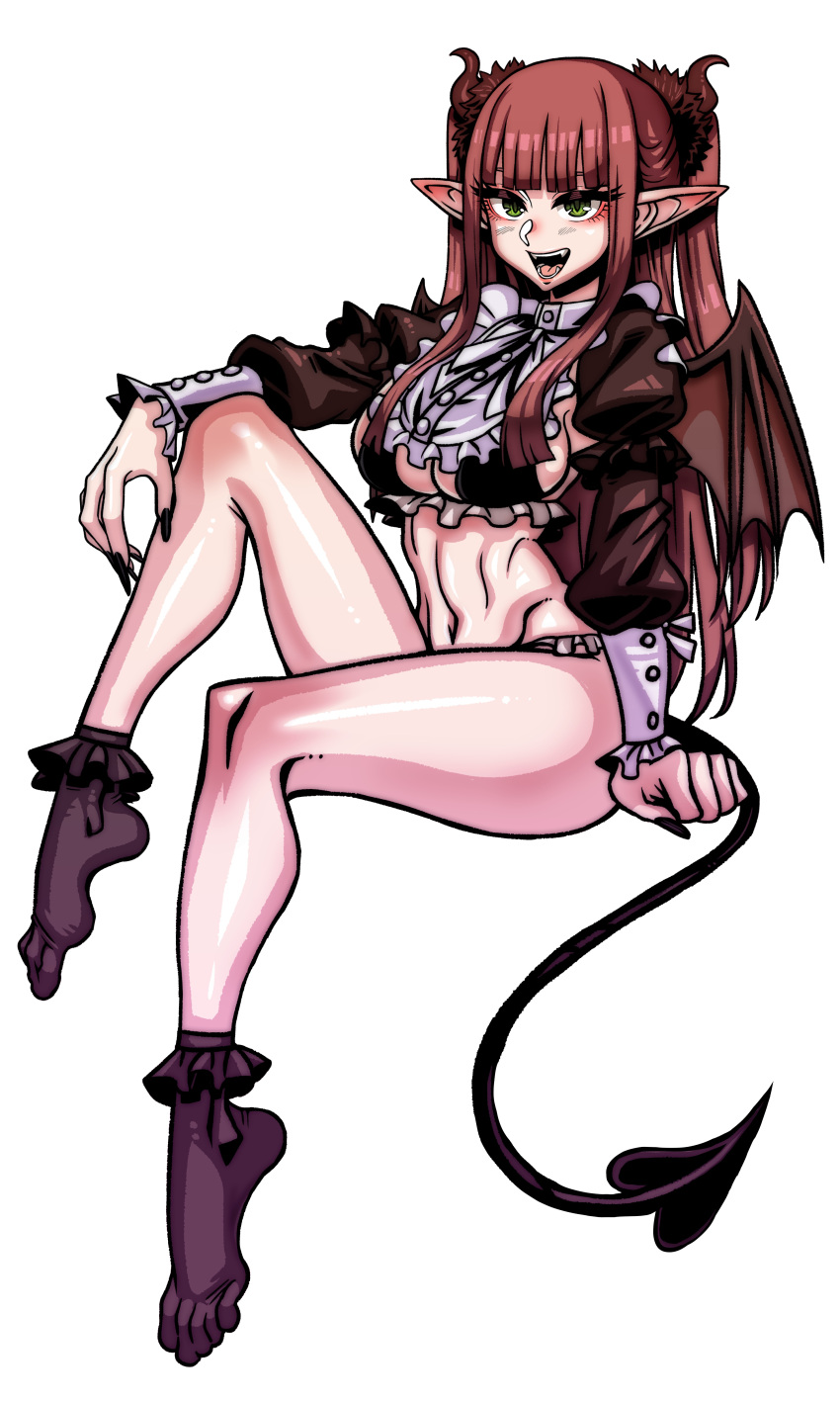 1girl :d absurdres black_nails black_socks blunt_bangs breasts cleavage demon_girl demon_horns demon_tail demon_wings eyeliner fang fingernails ga320aaa highres horns long_hair looking_at_viewer makeup navel open_mouth pointy_ears rizu-kyun sharp_fingernails sideboob simple_background sitting smile socks solo sono_bisque_doll_wa_koi_wo_suru tail teeth twintails white_background wings