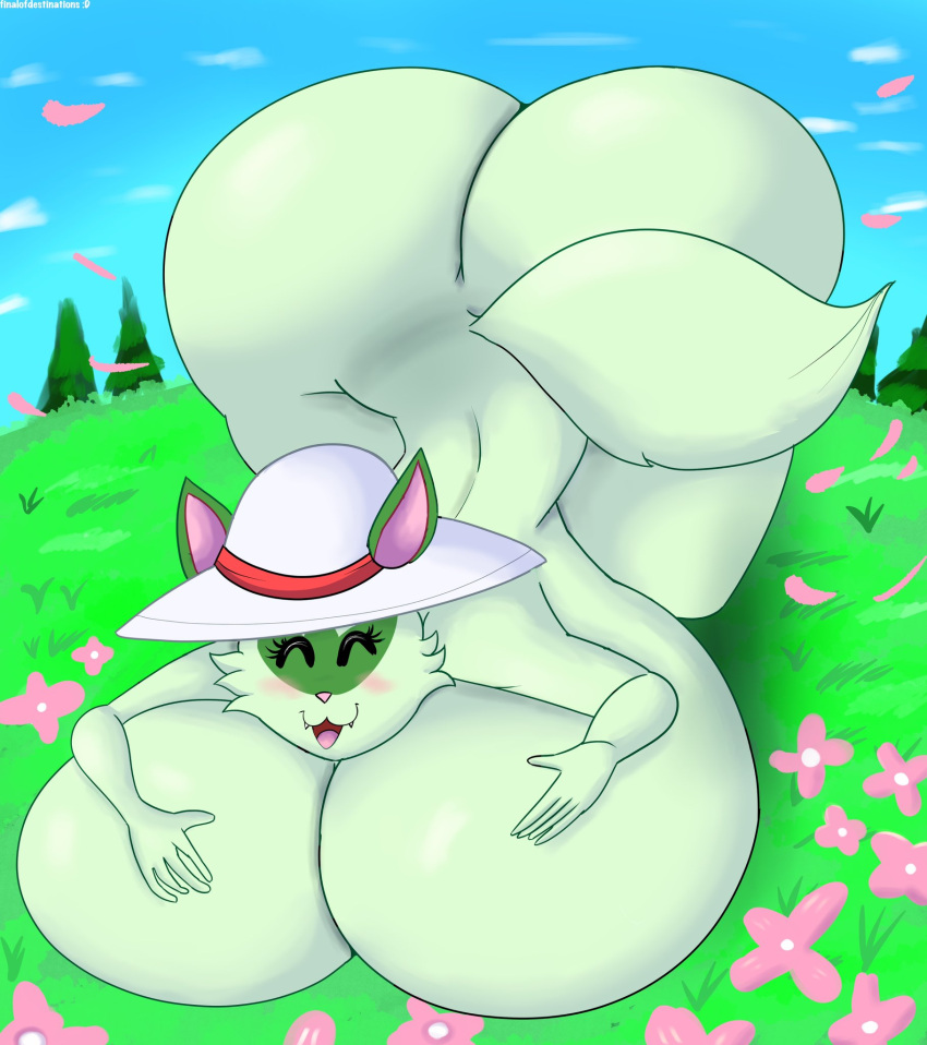 anthro bent_over big_breasts big_butt blush breasts butt clothing eyes_closed featureless_breasts female finalofdestinations flower generation_9_pokemon green_body hat headgear headwear hi_res huge_breasts huge_butt kneeling nintendo nude open_mouth plant pokemon pokemon_(species) solo sprigatito sun_hat thick_thighs