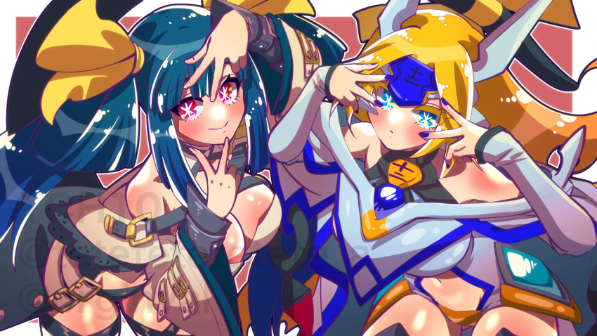 2girls bare_shoulders belt blazblue blonde_hair blue_eyes blue_hair blue_nails blush border breasts cleavage cleavage_cutout clothing_cutout commission company_connection crossover detached_collar detached_sleeves dizzy_(guilty_gear) fingernails guilty_gear guilty_gear_xrd hair_ribbon hair_rings headpiece highres hoshino_ai's_pose ichi_orgin large_breasts leaning_forward long_hair midriff monster_girl mu-12 multiple_girls navel noel_vermillion oshi_no_ko pink_nails pose_imitation red_background red_eyes revealing_clothes ribbon skeb_commission smile sparkling_eyes star-shaped_pupils star_(symbol) stomach symbol-shaped_pupils thigh_strap thighs white_border yellow_ribbon