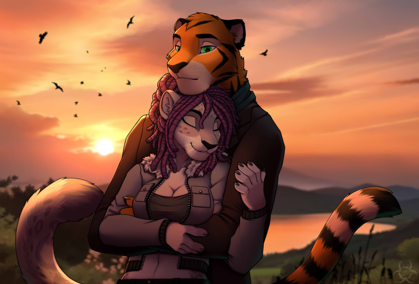 anthro clothing cuddling dreadlocks duo embrace felid feline female friends hi_res hug hugging_from_behind jacket legend_of_ahya leopard male mammal mikhail_joan natalia_ruyemov_(darkflamewolf) pantherine size_difference snow_leopard sunset sweater tashalisets tiger topwear