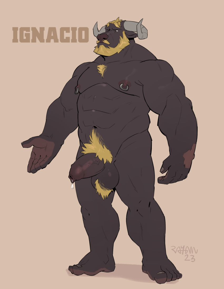 2023 abs anthro balls beard biceps blonde_hair bodily_fluids body_hair bovid bovine cattle chest_tuft dripping facial_hair feet forearm_muscles foreskin genital_fluids genitals hair hairy_balls hi_res horn humanoid_genitalia humanoid_penis male mammal manly mature_male muscular muscular_arms muscular_legs mustache navel nipple_piercing nipples nude pecs penis piercing precum precum_drip pubes rneves_069 simple_background solo standing triceps tuft vein veiny_penis