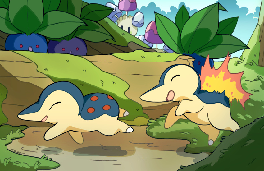 :d ^_^ artist_name closed_eyes commentary cyndaquil day english_commentary fire grass happy highres log mjoyart morelull moss no_humans oddish open_mouth outdoors plant pokemon pokemon_(creature) red_eyes running smile solid_oval_eyes tree