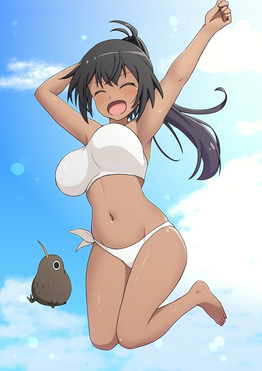 1girl absurdres bikini bird black_hair blush bouncing_breasts breasts closed_eyes full_body guchiaki highres jumping kiwi_(bird) large_breasts long_hair luminous_witches manaia_matawhaura_hato navel open_mouth outdoors ponytail shiny_skin side-tie_bikini_bottom sky smile swimsuit white_bikini world_witches_series