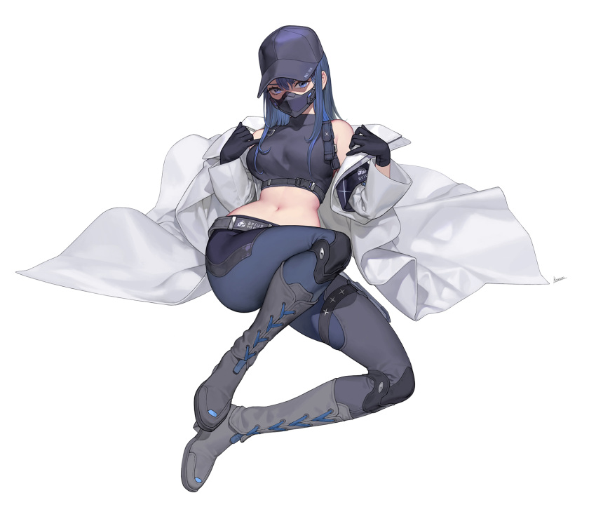 1girl baseball_cap black_footwear black_gloves black_hair blue_archive boots breasts coat commentary_request crop_top gloves grey_eyes hat highres ki_min-woo large_breasts long_sleeves looking_at_viewer lying mask midriff mouth_mask navel off_shoulder pants saori_(blue_archive) simple_background solo stomach white_background