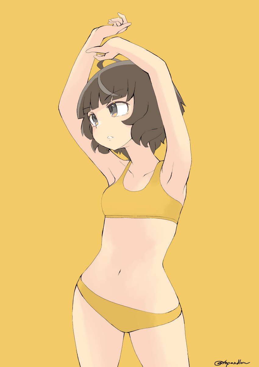 1girl absurdres ahoge blunt_bangs bra brown_eyes brown_hair cowboy_shot highres kantai_collection kishinami_(kancolle) looking_to_the_side panties short_hair solo sports_bra standing swimsuit toplow twitter_username underwear underwear_only wavy_hair yellow_background yellow_bra yellow_panties