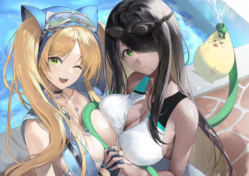 &gt;_&lt; 2girls anchor_necklace asymmetrical_docking azur_lane black_choker black_gloves black_hair blonde_hair breast_press breasts choker cleavage competition_swimsuit dark-skinned_female dark_skin fingerless_gloves gloves goggles goggles_on_head green_eyes hair_over_one_eye haori_io highres hornet_(azur_lane) hornet_ii_(azur_lane) hornet_ii_(racing_across_the_waves)_(azur_lane) hose jewelry large_breasts light_smile long_hair looking_at_viewer manjuu_(azur_lane) multiple_girls necklace northampton_(azur_lane) northampton_ii_(azur_lane) northampton_ii_(swimming_star)_(azur_lane) official_alternate_costume one-piece_swimsuit open_mouth poolside swimsuit twintails very_long_hair wet white_one-piece_swimsuit zipper