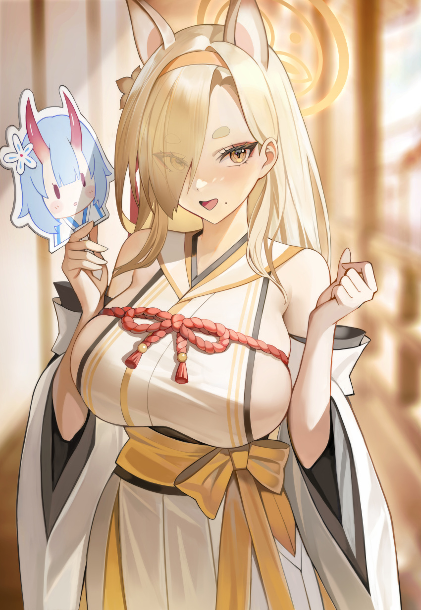 1girl absurdres blonde_hair blue_archive breasts chise_(blue_archive) chungla detached_sleeves eyes_visible_through_hair hair_over_one_eye hairband halo highres japanese_clothes kaho_(blue_archive) kimono large_breasts long_hair looking_at_viewer open_mouth orange_hairband smile solo white_kimono white_sleeves wide_sleeves yellow_eyes
