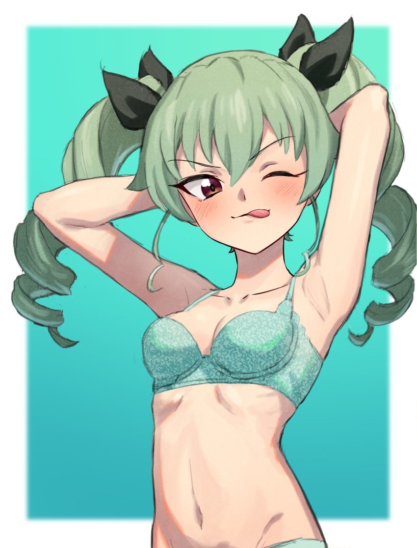 1girl anchovy_(girls_und_panzer) armpits arms_behind_head blush bra breasts brown_eyes collarbone drill_hair girls_und_panzer green_bra green_hair green_panties hair_ribbon highres lingerie long_hair looking_at_viewer navel ogi_non one_eye_closed panties ribbon simple_background small_breasts smile solo tongue tongue_out twin_drills twintails underwear upper_body