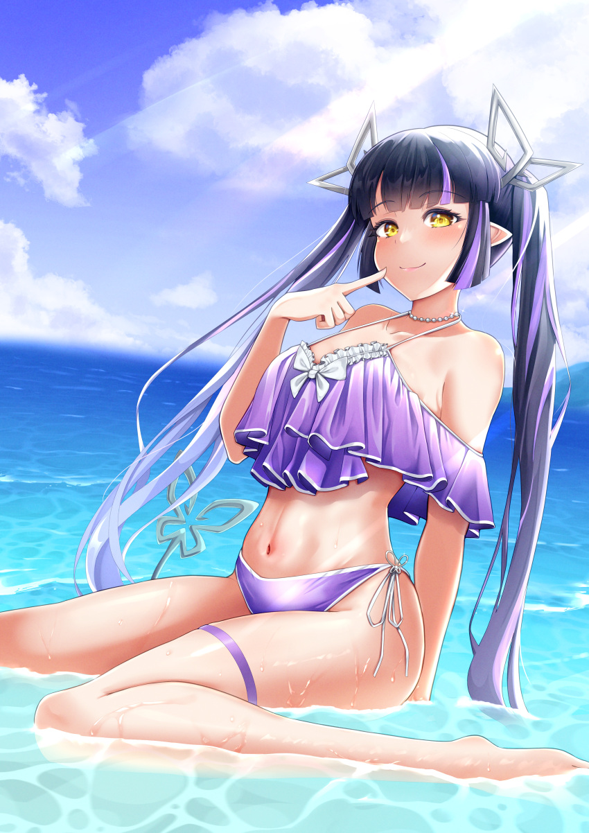 1girl absurdres alternate_costume bikini black_hair blue_sky blunt_bangs blush bow bow_bikini breasts caustics closed_mouth cloud commentary_request day demon_girl demon_horns demon_tail finger_to_cheek frilled_bikini frills full_body grey_horns highres horizon horns kojo_anna long_hair looking_at_viewer medium_bangs medium_breasts multicolored_hair nanashi_inc. navel outdoors partially_submerged pointy_ears purple_bikini purple_hair robou_no_stone side-tie_bikini_bottom sitting sky smile solo sunlight swimsuit tail twintails two-tone_hair very_long_hair virtual_youtuber wariza water white_bow yellow_eyes