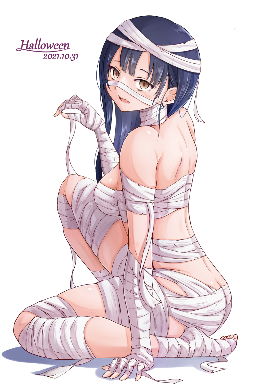 1girl absurdres bandages black_hair boku_no_kokoro_no_yabai_yatsu breasts brown_eyes dated earrings halloween highres jewelry long_hair looking_at_viewer medium_breasts mummy_costume naked_bandage open_mouth sacra_(sacrabokuyaba) simple_background solo white_background yamada_anna